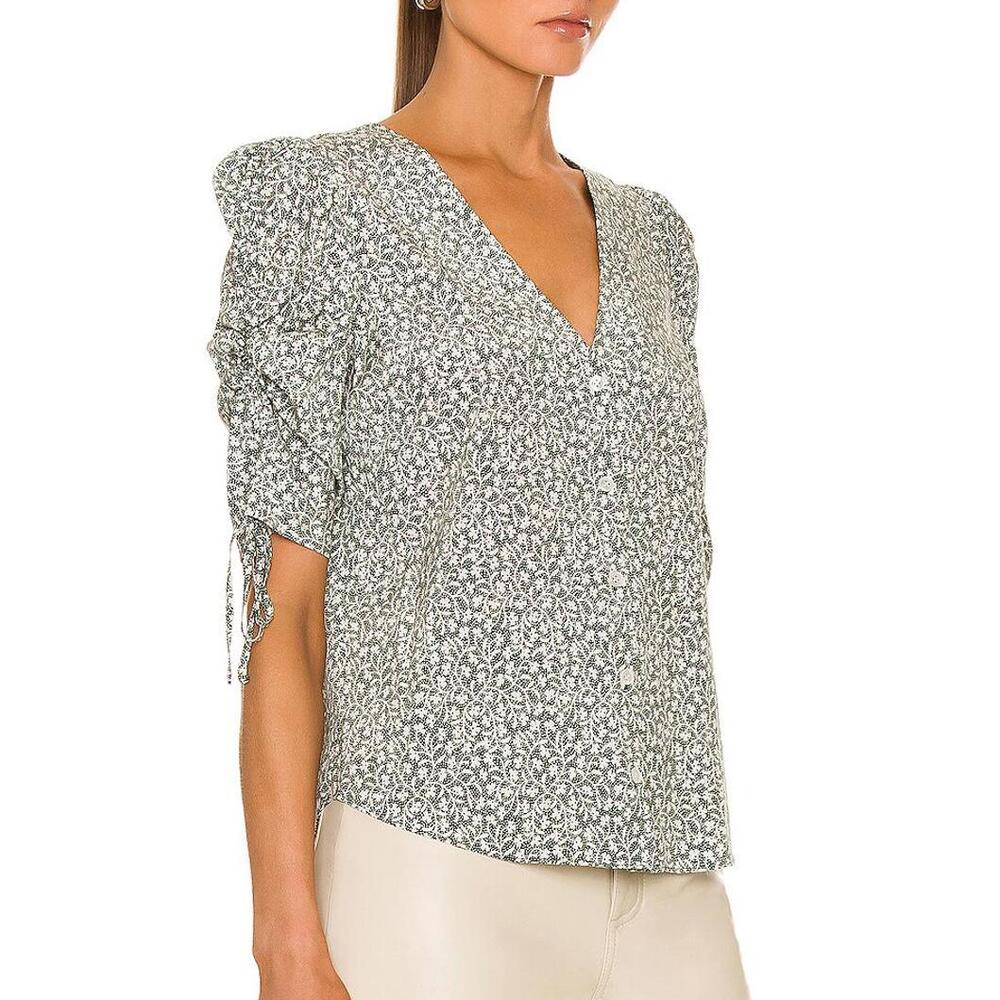 VERONICA BEARD | SZ 4 | Y2K Boho Green Floral Silk Ruched-Sleeve Top Blouse $398 - Picture 4 of 11